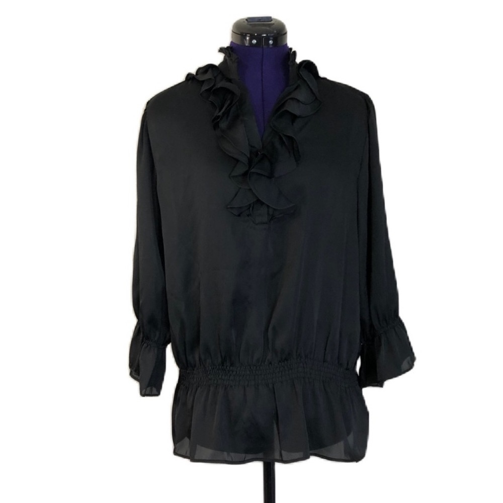 Violet & Claire Black Sheer Ruffle Long Sleeve Top